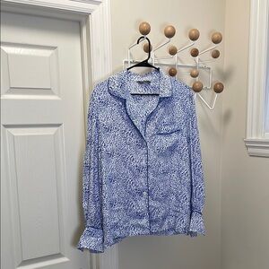Three J NYC - Silk Pajamas Set Long Sleeve Top And Shorts - Blue / White - M